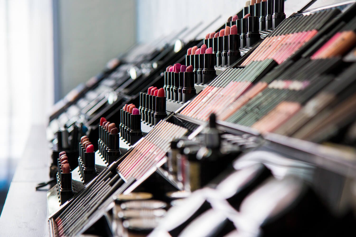 Row of lipstick in beauty salon